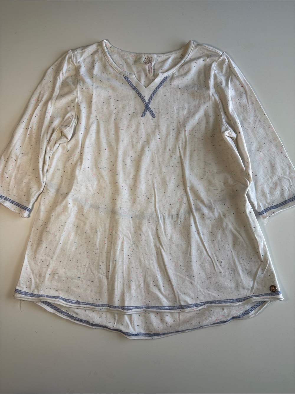 Matilda Jane (435) White Multi Colored Speckled Tee with Blue Trim Sz 12 EUC